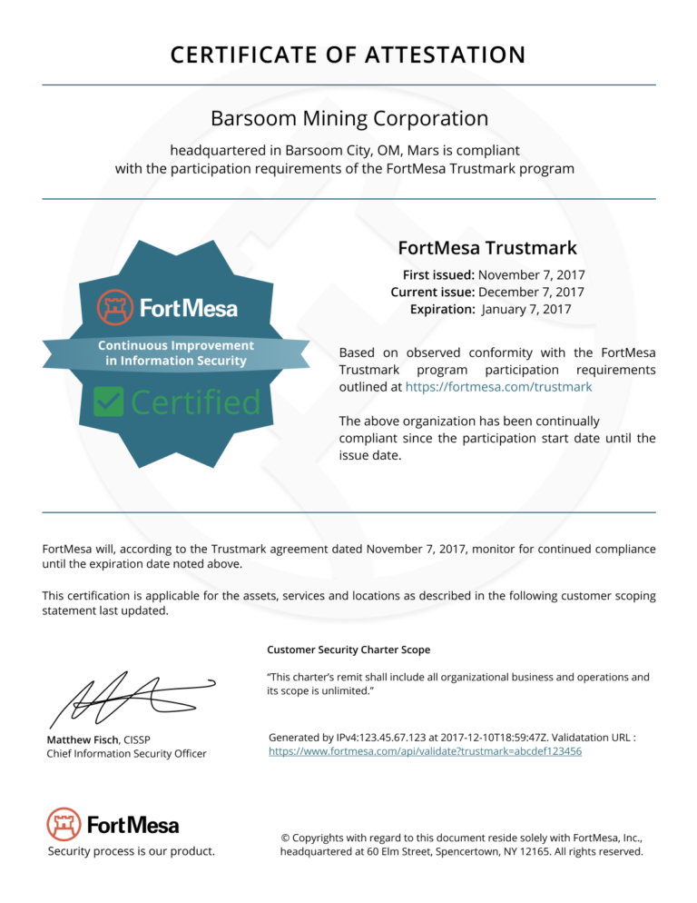 FortMesa Certificate of Attestation